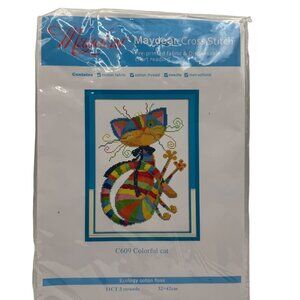 Maydear Colorful Cat Cross Stitch Kit 11CT Pre-Printed Fabric & Threads